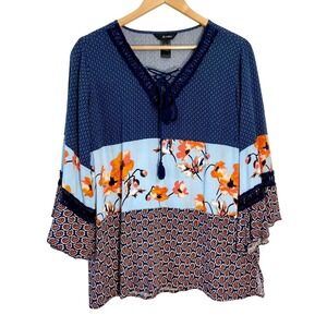 Ali Miles Blue Mixed Print Floral Paisley‎ Boho Blouse Womens Large